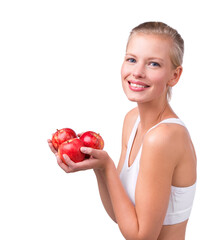 Poster - Happy, woman and portrait with apple for nutrition benefits in diet on white background in studio. Girl, smile and eating fruit for detox of digestion and food with vitamin C and fiber for gut health