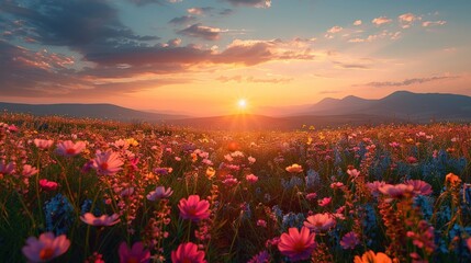 Wall Mural - Magic pink rhododendron flowers on summer mountain, Sunset over vast blossoming meadow landscape