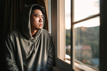An asian chinese mid adult man looking outside of window from his home during sunset with serious facial expression with hooded shirt