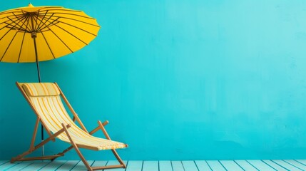 Beach chair with yellow umbrella against a blue wall