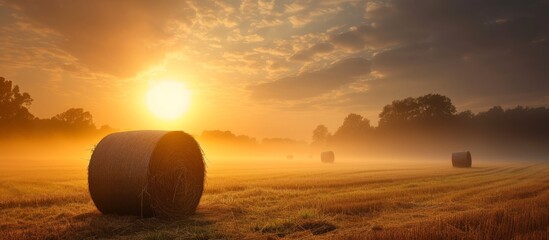 Poster - Golden sunrise over tranquil rural landscape with haystacks in the field