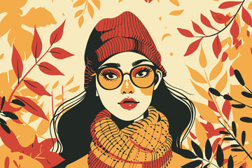 Wall Mural - Potrait Flat Design Girl in Autumn