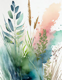 Fototapeta Kwiaty - Akwarela obraz przedstawiający suche trawy w minimalistycznym wykonaniu, w pastelowych kolorach, dekoracja generative ai