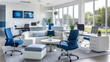 © PZ SERVICES - A contemporary open space office bathed in bright white and blue tones, featuring modern furnishings that contribute to an upscale and dynamic work environment.