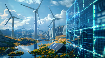 Poster - A conceptual image showcasing the integration of green energy solutions and sustainable power engineering, with symbols like wind turbines, solar panels, and eco-friendly technology.