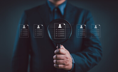 Poster - Hr, HRM, Human resources management concept. Check resume, Screening employee information, job applicants, Employees must complete the online survey form, answer the test questions.