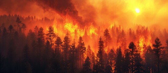 Wall Mural - Destructive forest fire raging uncontrollably through dense woodland