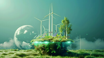 Poster - A conceptual image showcasing the integration of green energy solutions and sustainable power engineering, with symbols like wind turbines, solar panels, and eco-friendly technology.