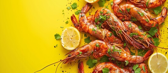 Wall Mural - Delicious plate of shrimp garnished with fresh lemons and parise for a mouthwatering seafood feast