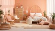 © Abdul - Bohemian-inspired Bedroom with Soft Peach Walls and Eclectic Charm Design a bohemian-inspired bedroom with soft peach walls