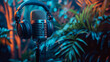 Microphone and Headphones with Decorative Plants Isolated on White Background, Studio Recording Equipment Setup, Podcasting Gear with Greenery, Music Production Concept, Generative AI

