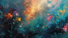 Abstract Spring Oil Painting With Blooming Flowers And Sun Background
