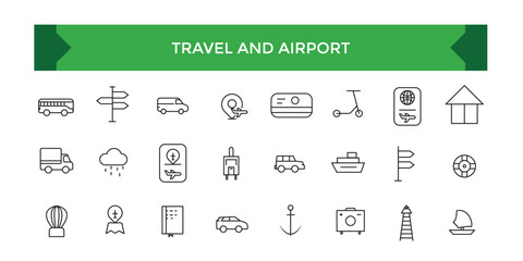 Travel and Airport icon set. Linear icon collection. Editable stroke. Vector illustration.