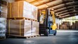 © sorin - Warehouse worker driving forklift. Product preparation, delivery, stock checking. Banner space