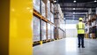 © sorin - Portrait of forklift operator in warehouse, checking stock, loading for shipment. Copy space banner.