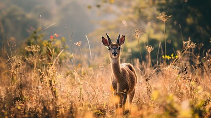 Wall Mural - a deer standing in a field of tall grass