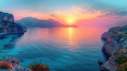 Wall Mural - Seascape at sunrise in the mountains near sea