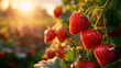 Strawberries grow on a bush with green leaves. The sun shines brightly in the background.