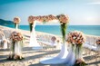 glamourous beach wedding ceremony flower decor, the background of the sea