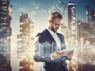 Poster - Handsome young businessman using tablet computer on abstract city background with double exposure of business graph 