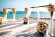 glamourous beach wedding ceremony flower decor, the background of the sea