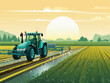 irrigation tractor driving spraying or harvesting an agricultural crop at sunset with information infographic data datum as banner design for agriculture industry and food supply production concepts 