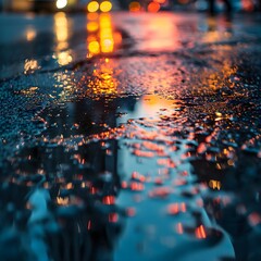 Sticker - a wet street with cars and street lights in the background