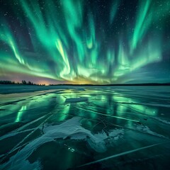 Wall Mural - the aurora bore over a frozen lake at night