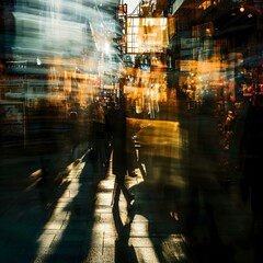 Wall Mural - a blurry photo of people walking down a street