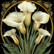Stylized colorful design of arum lilies in art nouveau style for decor or cushions.