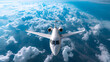 Private Jet Flying Over the Earth, Empty Blue Sky with Clouds and Generative Ai