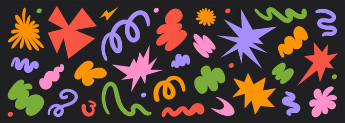 Aufkleber - Abstract set colorful retro groovy shapes on a black background. Trendy geometric cosmic starburst forms. Vector illustration in style 90s, 00s