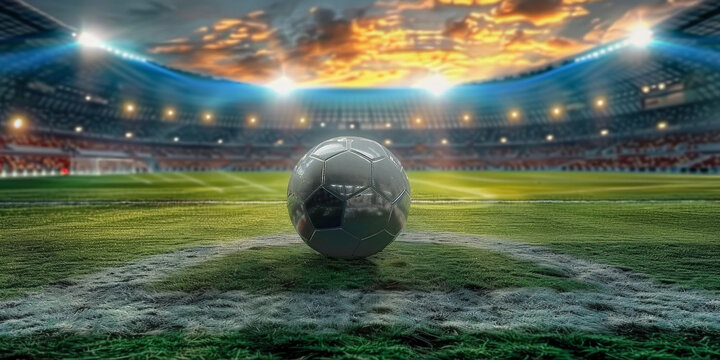 a soccer ball on the field of a big stadium,