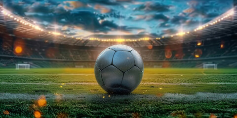 Wall Mural - a soccer ball on the field of a big stadium,