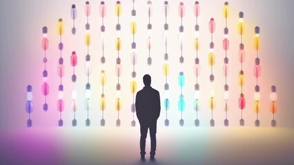 Wall Mural - A person standing in a room filled with colored lightbulbs each representing a different emotion and thought Psychology art concept. .