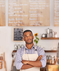 Cafe shop, black person and entrepreneur thinking of small business as barista, professional and owner. Man, standing and thoughtful of idea for startup of store in food industry of Cape Town