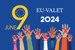 Sweden EU-VALET. European elections 2024 in language Swedish. People raising hands. Cross check marks and European Flag Background with Stars. flat vector illustration.