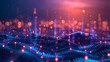 Smart city infrastructure and abstract dot points connect with gradient, facilitating urban growth and innovation, powered by Generative AI.

