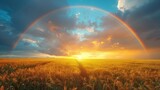 Fototapeta Tęcza - Rainbow over stormy sky. Rural landscape with rainbow over dark stormy sky in a countryside