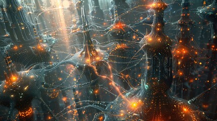 Wall Mural - A surreal depiction of a city powered by artificial intelligence, with glowing neural pathways crisscrossing between futuristic buildings