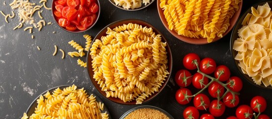 Canvas Print - Assorted pasta varieties in colorful bowls for Italian cuisine cooking ingredients concept