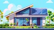 Modern eco-friendly house with solar panels and a person gardening. Sustainable living and renewable energy concept with a digital illustration style