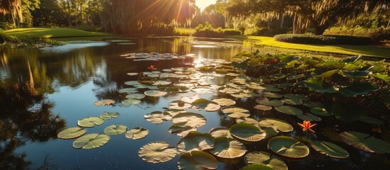 Wall Mural - Tranquil pond with blooming water lilies and sun rays peeking through lush trees