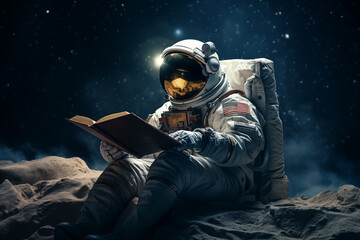 Wall Mural - a boy waring an astronaut suit reading a book in outer space