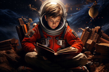 Wall Mural - a boy waring an astronaut suit reading a book in outer space