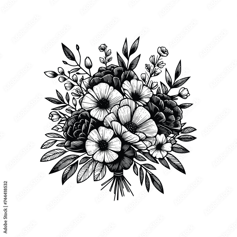 black and white flowers hand drawn vector illustration isolated white ...