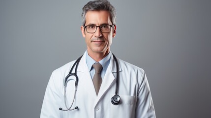 Wall Mural - Doctor in uniform, happy hospital doctor, doctor wearing a white coat and eyeglasses 