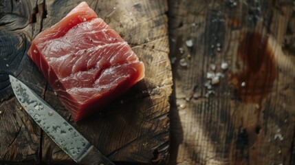 Wall Mural - Raw tuna meat on rough wooden table and knife, 