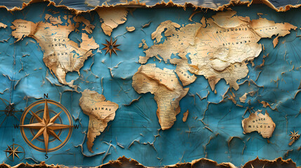 Wall Mural - An old map of the world with a compass. The map is blue and gold.