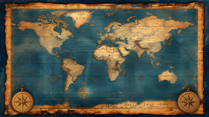 Wall Mural - An old map of the world with a compass. The map is blue and gold.